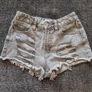 refuge Light Gray Distressed High-Rise Denim Shorts
